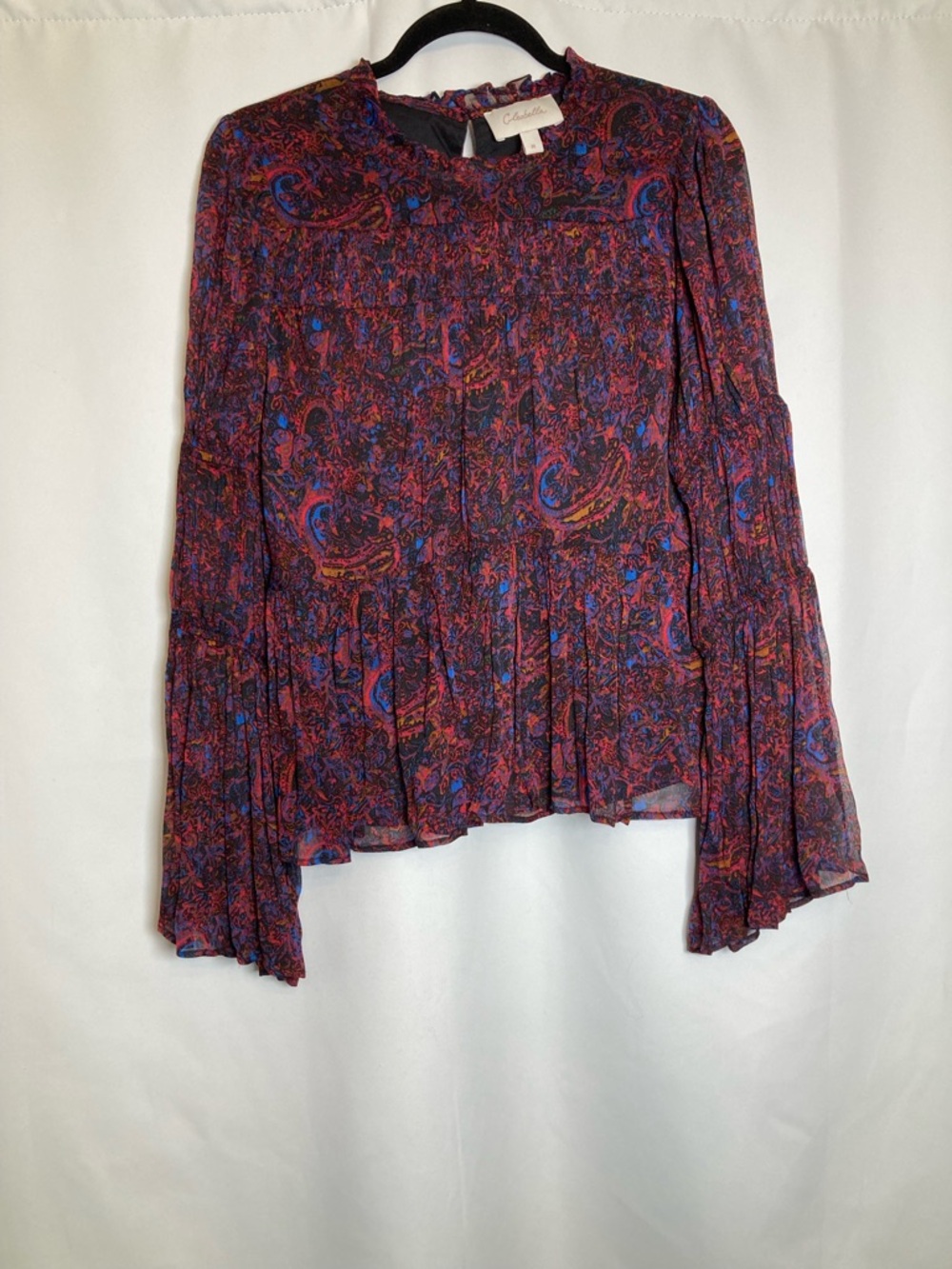 Like New Cleobella Ines Blouse Retrograde Paisley Boho Chiffon Ruffle Neck SZ M